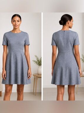Theory Albita WR Dress Blue Multi Fit & Flare Crew Neck Short Sleeve Knit Size 8